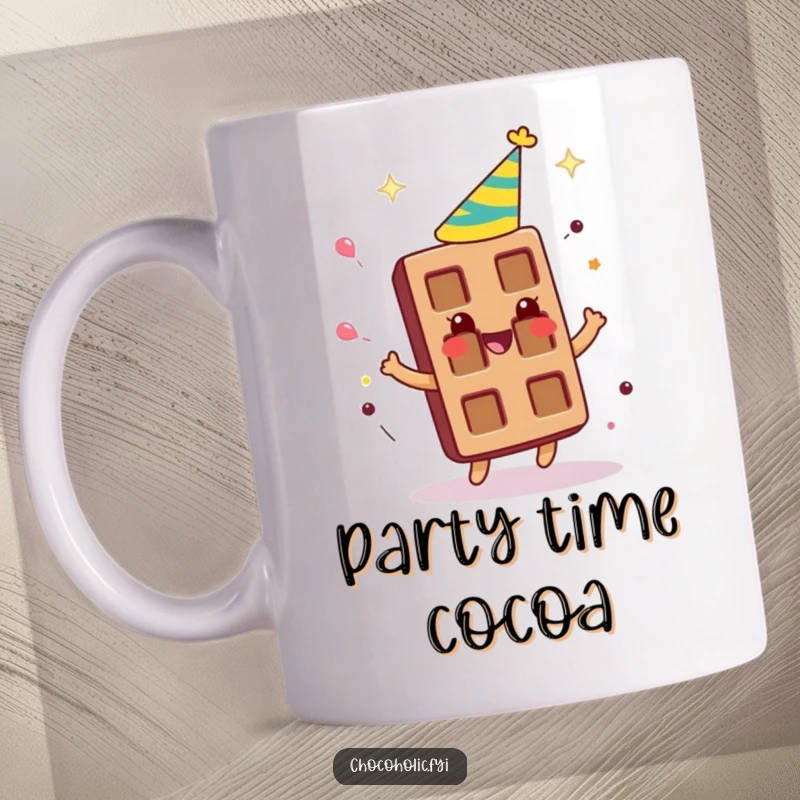 Funny chocolate bar character wearing a party hat, spinning around gleefully on a mug, radiating festive energy.