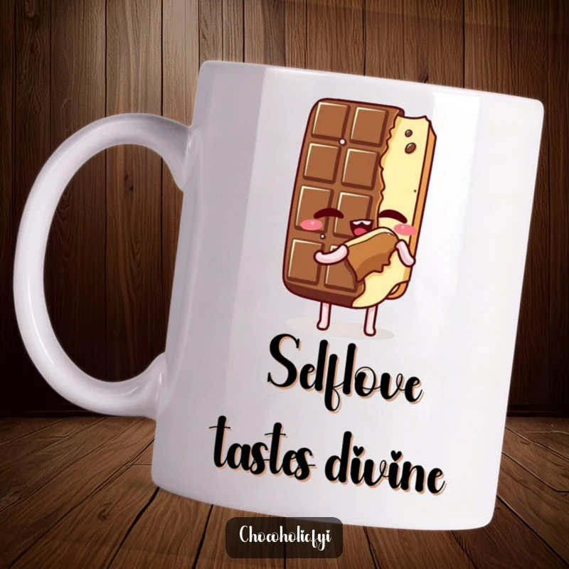 Funny Kawaii Chocolate Bar Mug, eyes closed, blissfully savoring a bite of itself, embodying perfect self-love and indulgence, a humorous gift.