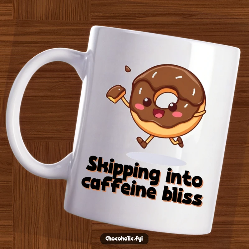 Funny Mug: A chocolate donut with a bite taken out is depicted happily skipping, radiating pure, unadulterated joy.