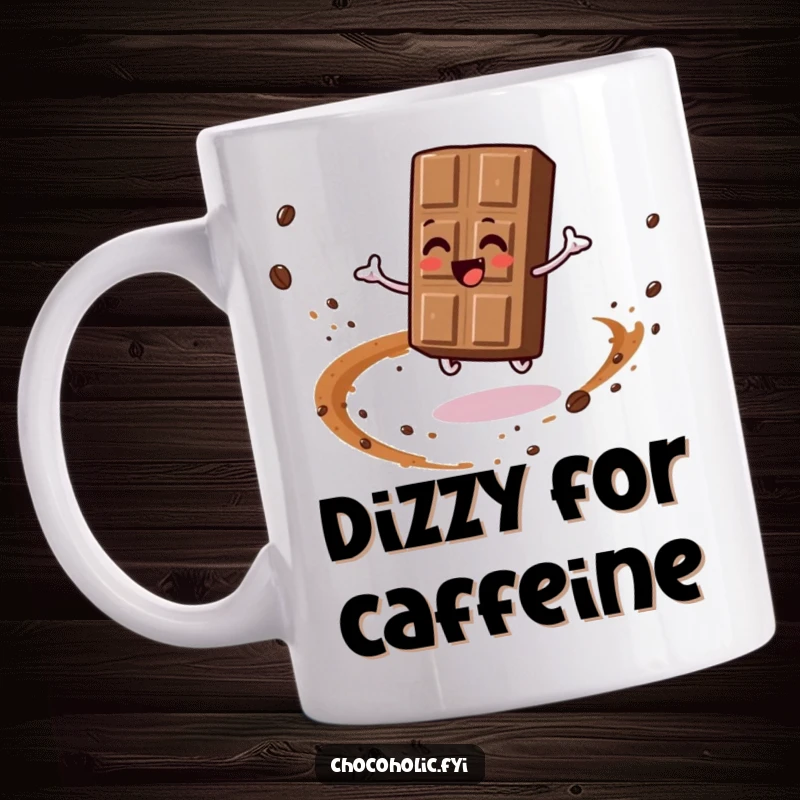 Funny mug featuring a chocolate bar character gleefully spinning in a circle, leaving a trail of cocoa dust. Pure chocolatey movement.