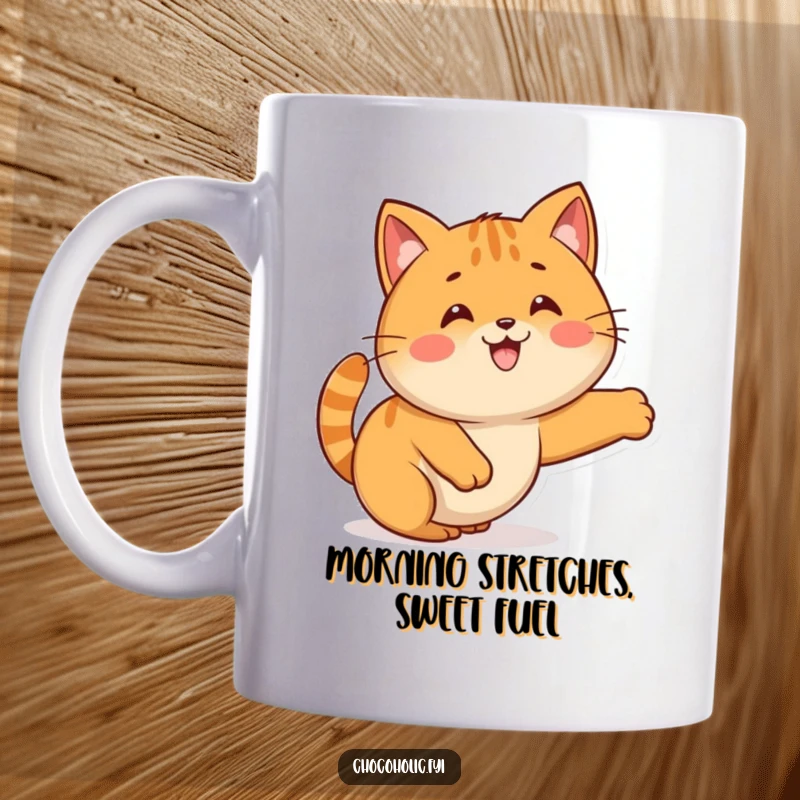Funny Kawaii caramel character stretching elegantly like a cat, evoking warmth and joy on a coffee mug.