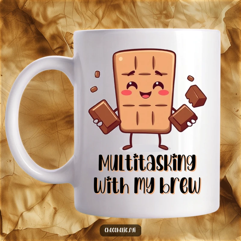 Funny mug with a smiling chocolate bar character expertly juggling three small, smooth chocolates, showcasing impressive dexterity and sweet focus.
