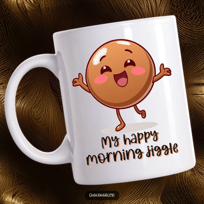 Funny Mug: A round chocolate candy doing a silly wobble dance, spreading joy and humor with its energetic moves.