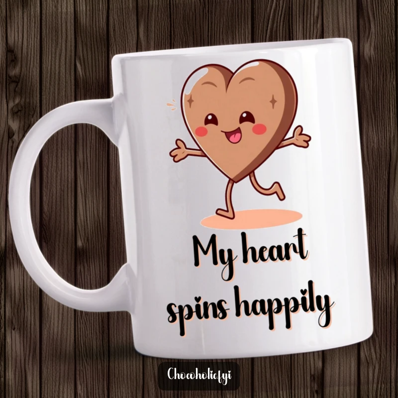 Funny mug featuring a giddy chocolate heart character doing a playful, energetic spin with a joyful expression.