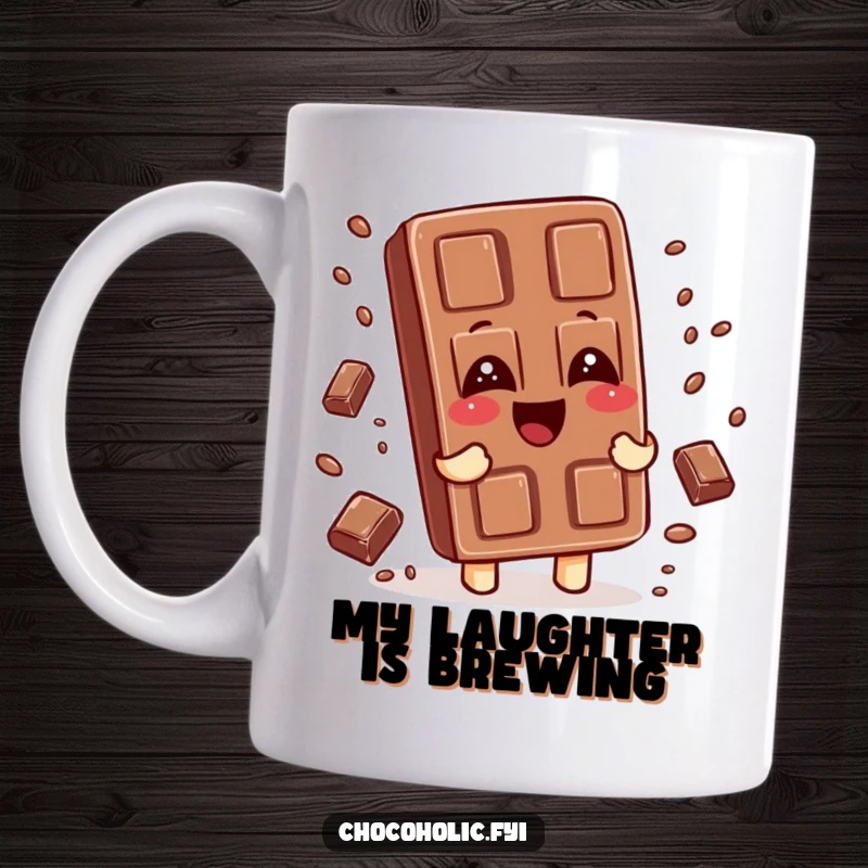 Funny mug showing a chocolate bar character giggling uncontrollably, with tiny chocolate sprinkles falling around it, embodying sweet mirth.