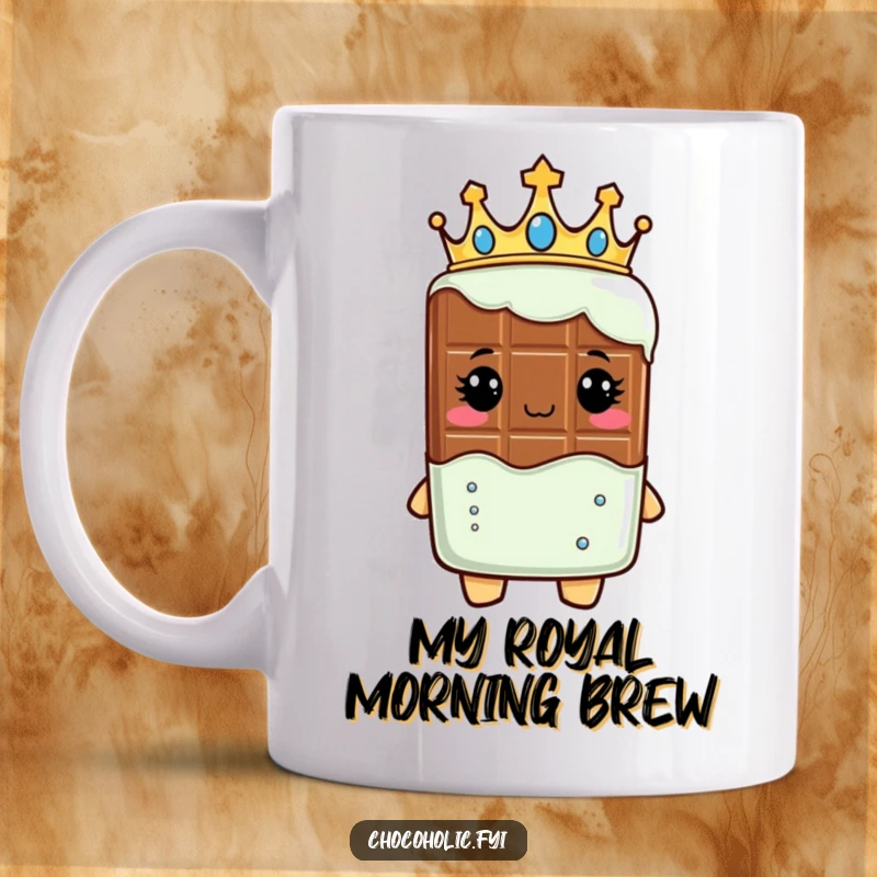 Funny mug showing a chocolate bar character wearing a golden crown, looking majestically regal, embodying sweet nobility.