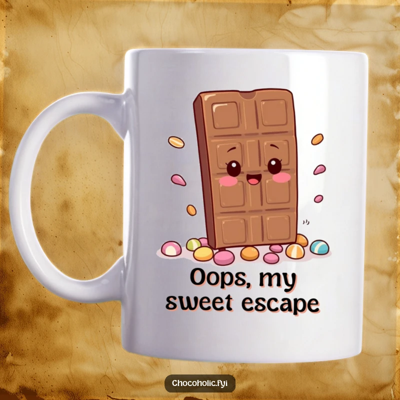 Funny Mug: A kawaii chocolate bar trips hilariously, scattering candy. Perfect for anyone who loves cute, clumsy, and comical designs.