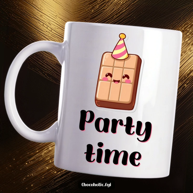 Funny Mug featuring a smiling chocolate bar wearing a tiny party hat, ready to celebrate. A cheerful and delightful design.