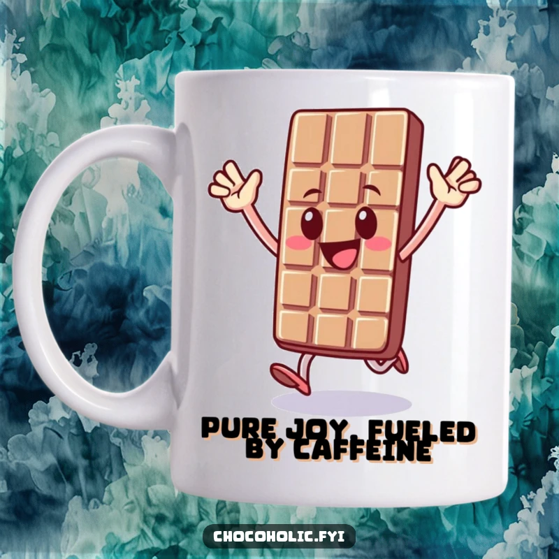 Funny mug showing a delighted chocolate bar character mid-hop, arms raised in pure, sugary ecstasy, full of celebratory joy.