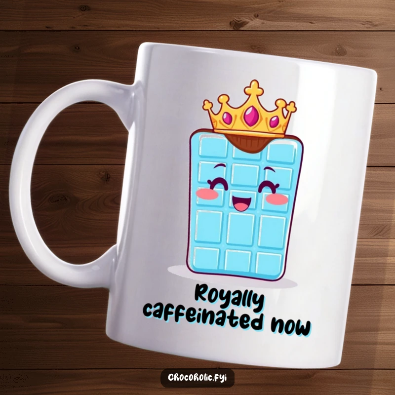 Funny mug with a chocolate bar character wearing a small crown, looking regal and utterly delighted. Sweetly charming.