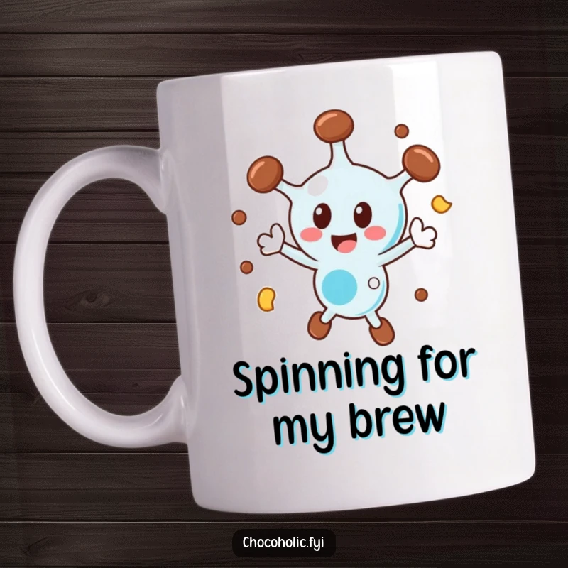 Funny chocolate molecule mug with a character spinning ecstatically, conveying pure joy and energy.