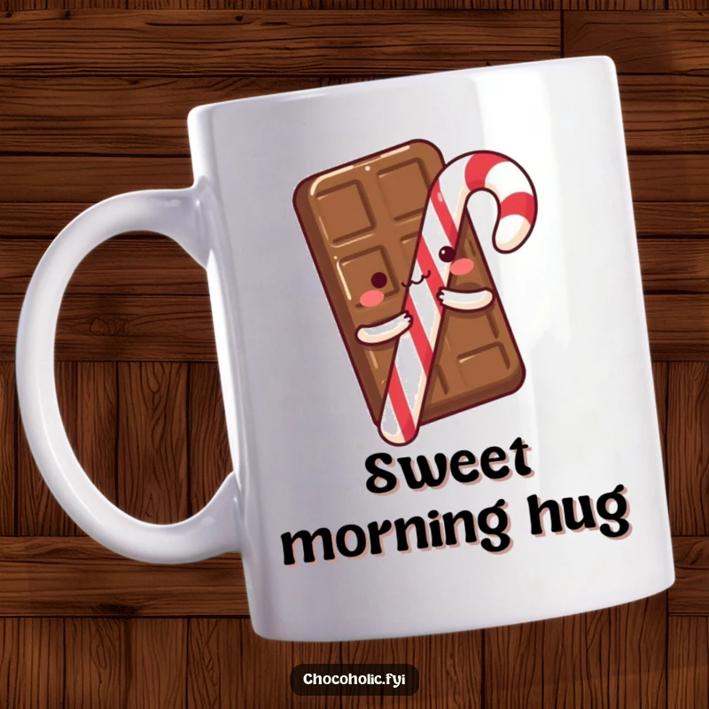 A chocolate bar with tiny arms excitedly hugging a candy cane, on this sweet and funny mug.