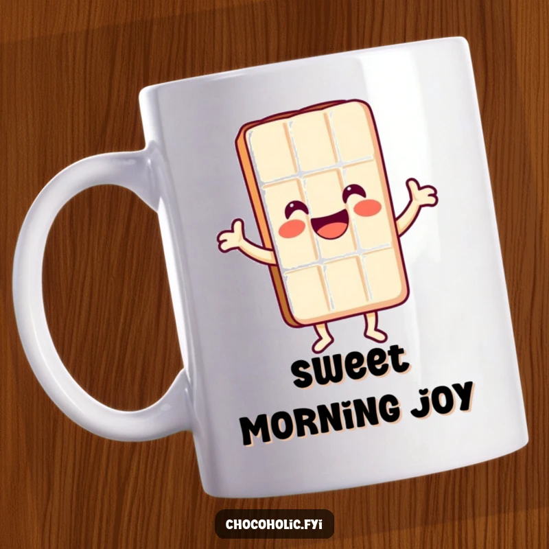Funny Kawaii chocolate bar character with a huge smile, doing a happy dance on a joyful mug.