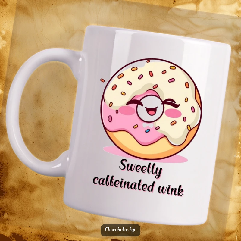 Funny Kawaii donut character winking mischievously while juggling colorful sprinkles on a mug.