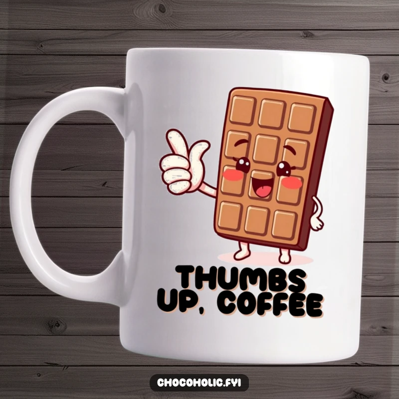 Funny Kawaii Chocolate Thumbs Up Mug: A cute chocolate character giving a joyful thumbs up, radiating happiness and positivity.