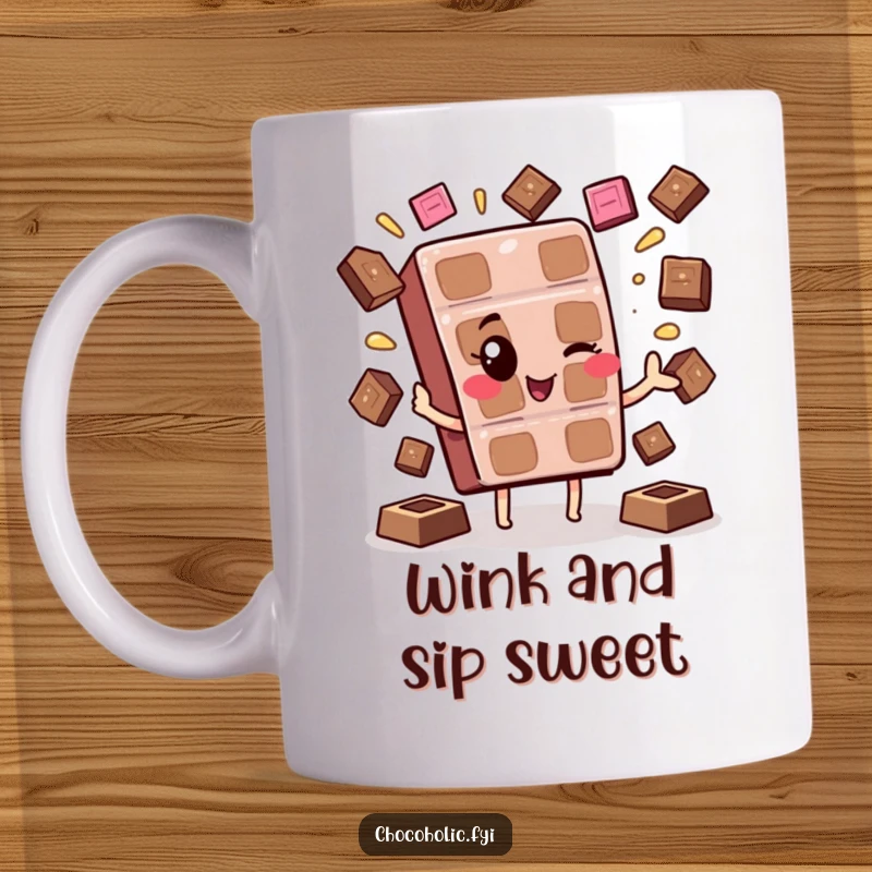 Funny Kawaii Chocolate Wink Mug: A cute chocolate character winking playfully while juggling melting sweet squares.
