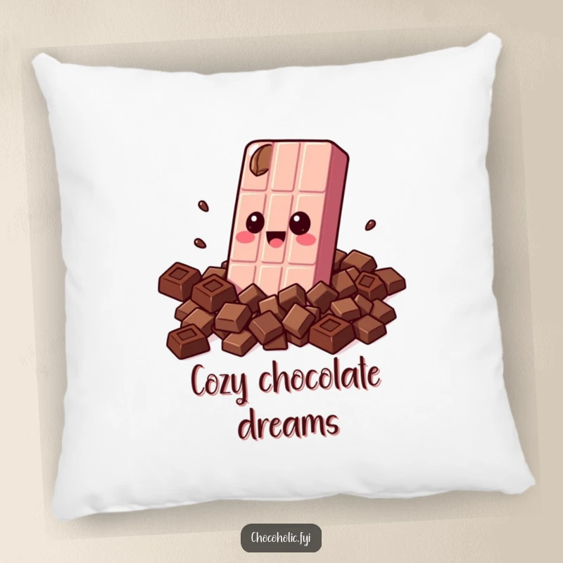 Funny pillow designed with a kawaii chocolate bar character with wide eyes, joyfully embracing smaller chocolate pieces, offering sweet comfort.