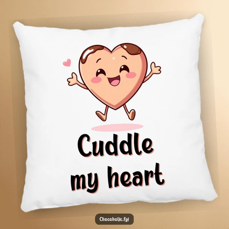 Funny pillow with a chocolate heart character joyfully bouncing, offering comfort and a dose of happiness.