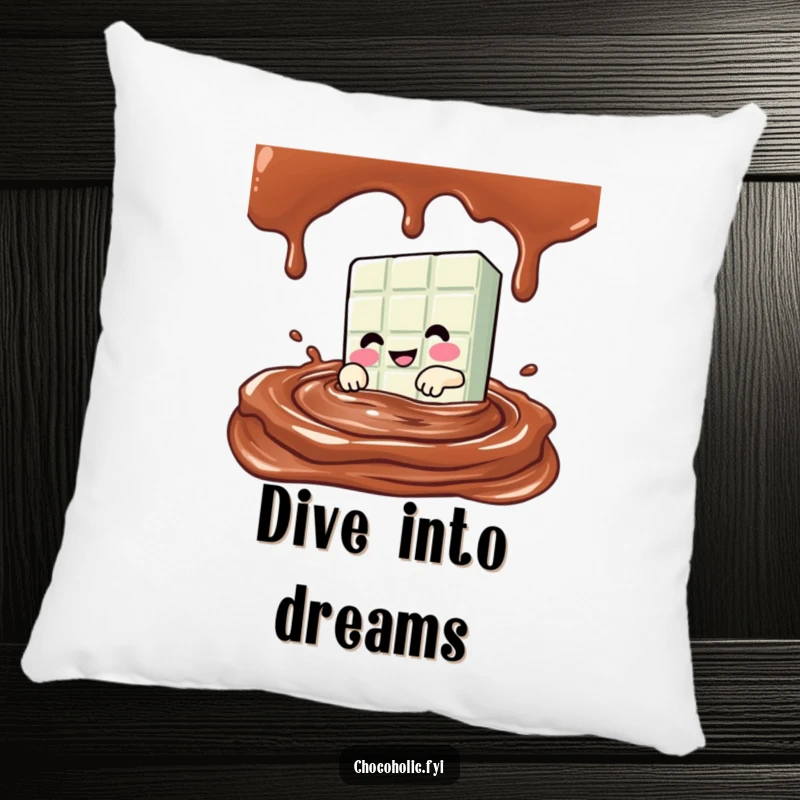 Funny Kawaii chocolate bar character diving into a pool of chocolate sauce on a soft, plush pillow.