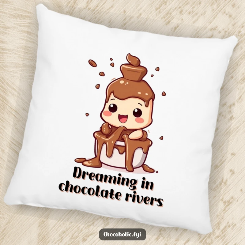 Funny chocolate fountain pillow with a character joyfully spraying chocolate streams, offering comfort and a touch of humor.