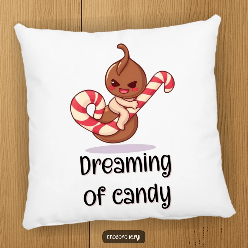 Funny chocolate truffle pillow character with a mischievous smirk, attempting to ride a giant candy cane, soft and humorous.