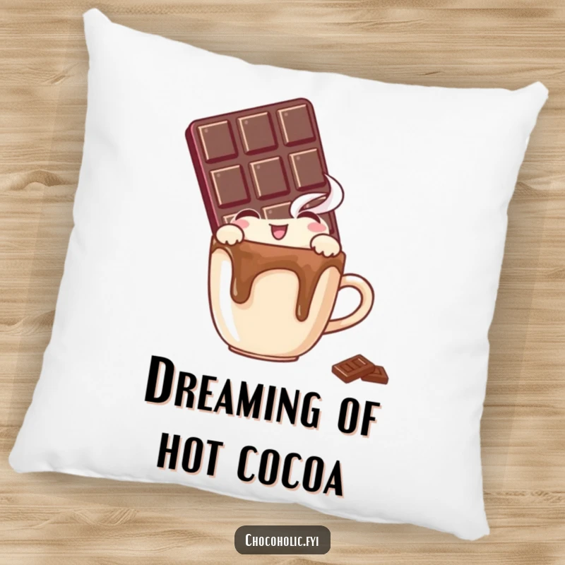 Funny pillow with a chocolate bar character peeking with pure delight over a small, steaming mug, offering comfort and humor.