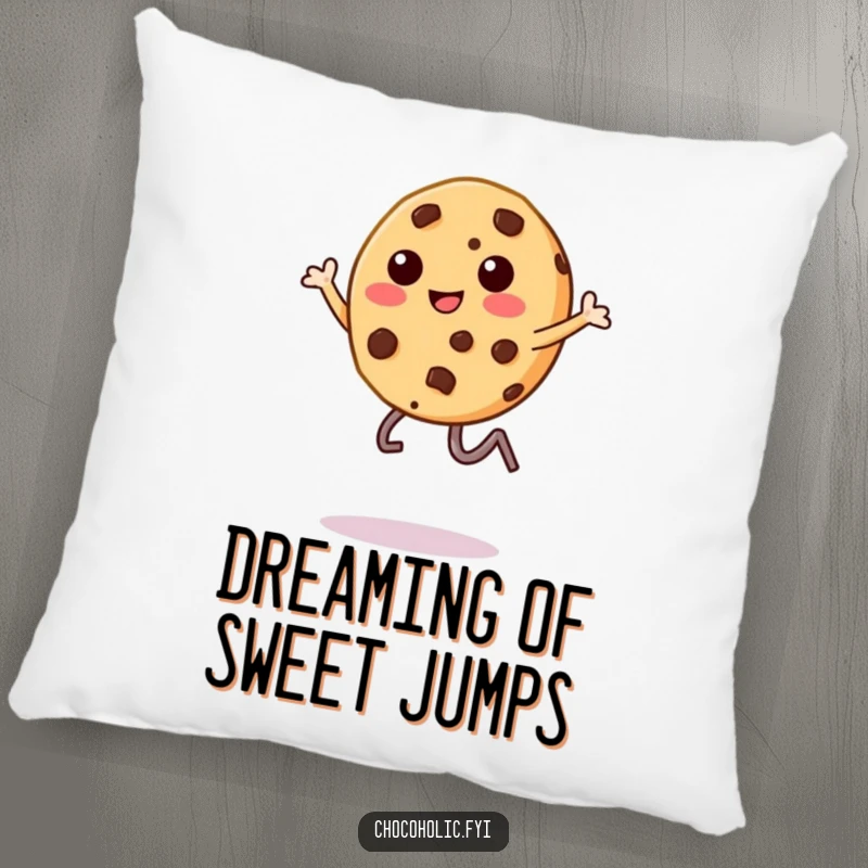 Funny kawaii chocolate chip cookie character, captured mid-leap with legs kicking, printed on a plush pillow, comfy and funny.
