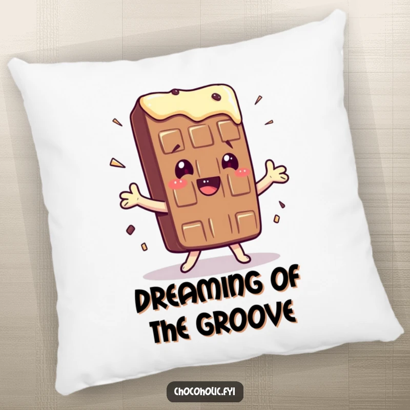 Funny pillow with a kawaii chocolate bar character doing a silly, exaggerated shimmy, ideal for a playful touch.