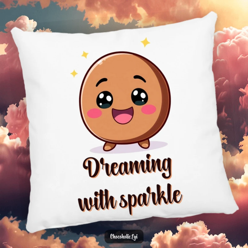 Funny kawaii chocolate chip with a big, excited smile and sparkling eyes on a soft pillow, bringing comfort and sparkling joy.