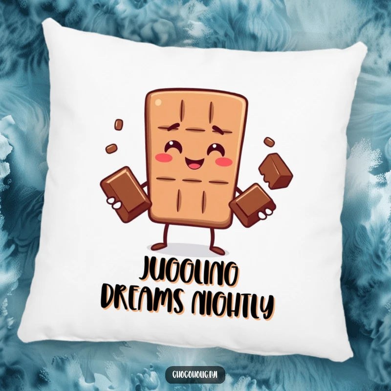 Funny pillow showcasing a chocolate bar character impressively juggling three small chocolates, a symbol of skill and sweet composure.