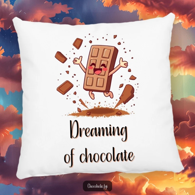 Funny chocolate bar character leaping joyfully, scattering cocoa powder like confetti on a soft pillow, adding comfort.