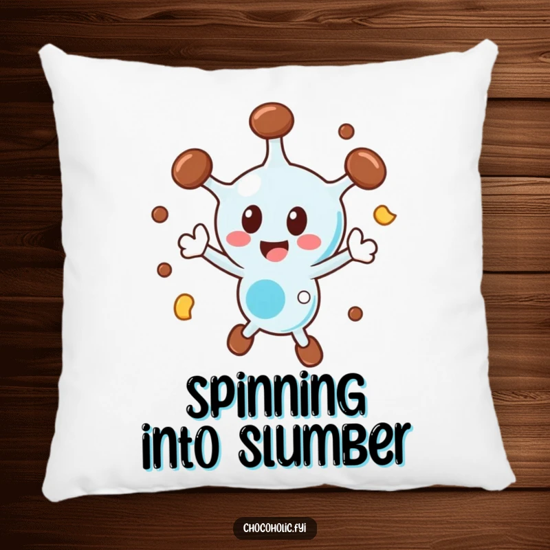 Funny chocolate molecule pillow with a character spinning ecstatically, offering comfort and playful energy.