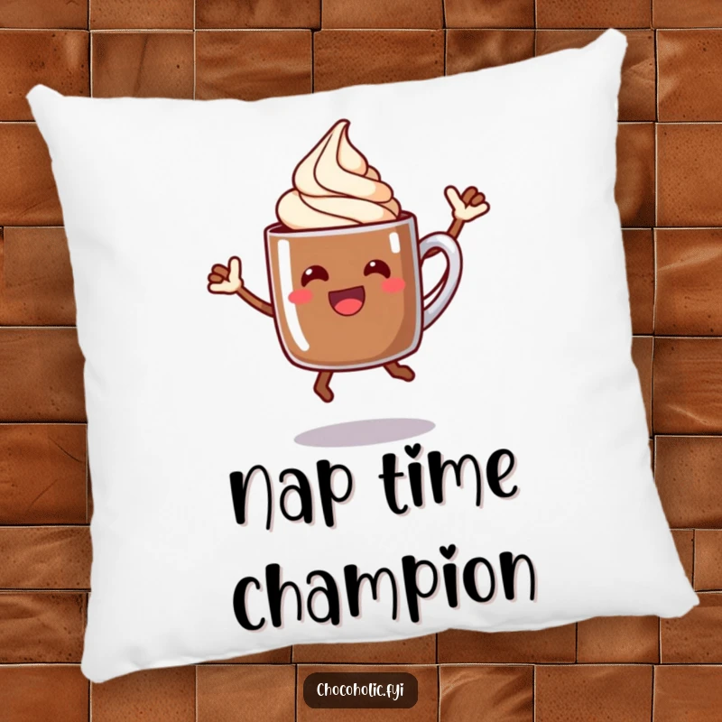 Funny chocolate mug pillow with a happy character and cream swirl in a celebratory jump pose.