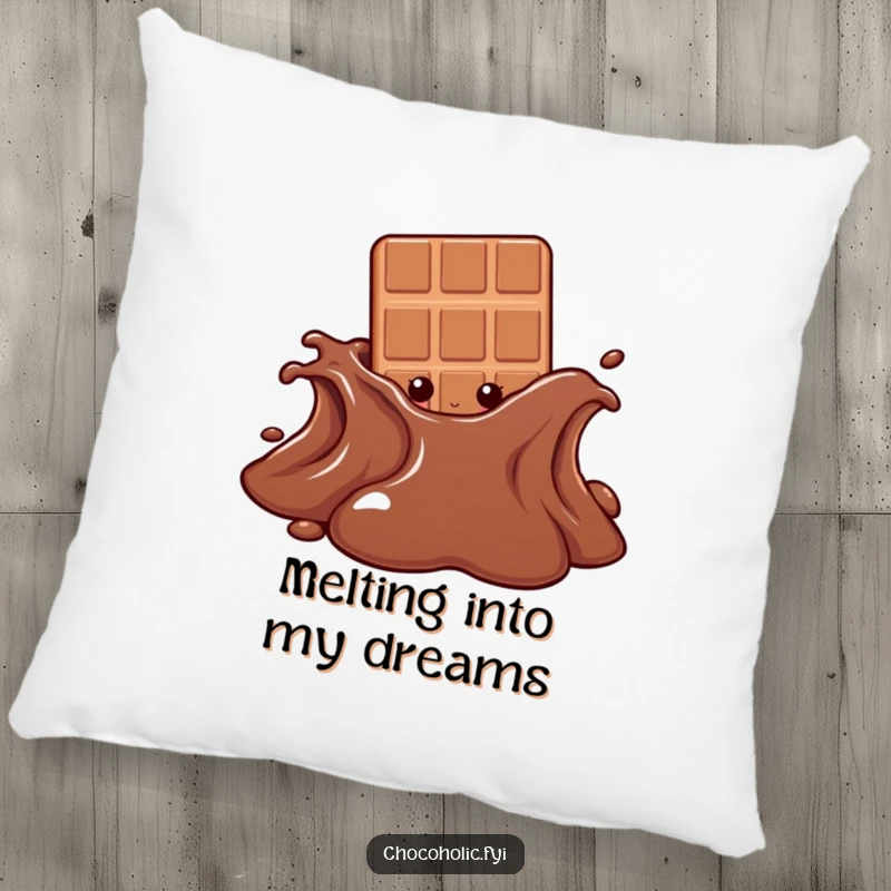 Funny pillow showcasing a chocolate bar character peeking from behind a melting chocolate puddle, radiating playful secrecy and sweet comfort.