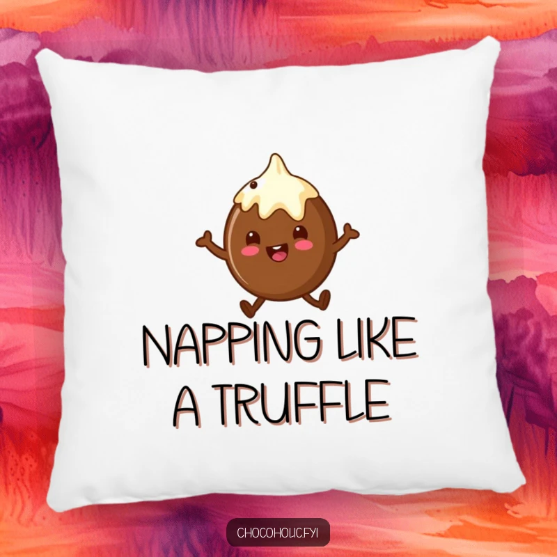 Funny chocolate truffle pillow with a character doing a little happy hop, offering comfort and sweet cheer.