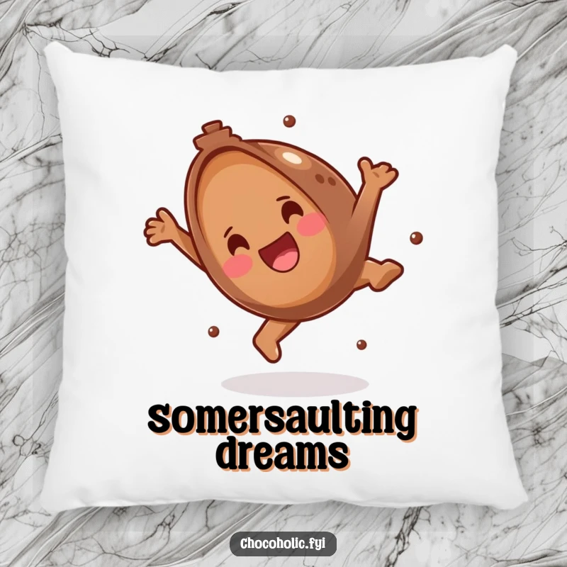 Funny Pillow featuring a chocolate truffle doing a lively somersault, adding a playful touch to any space. Soft and humorous decor.