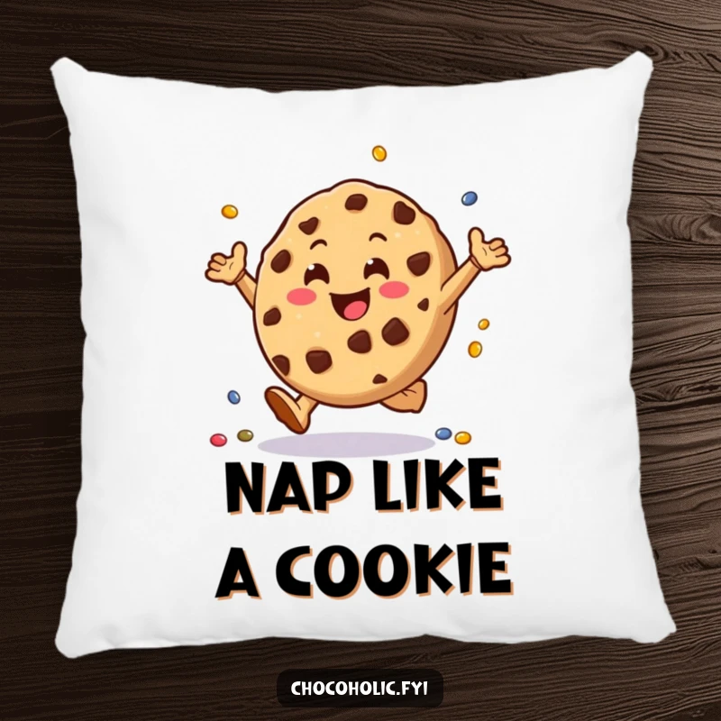 Funny chocolate chip cookie pillow character doing cartwheels with tiny candies, providing soft comfort and a cheerful decorative accent.