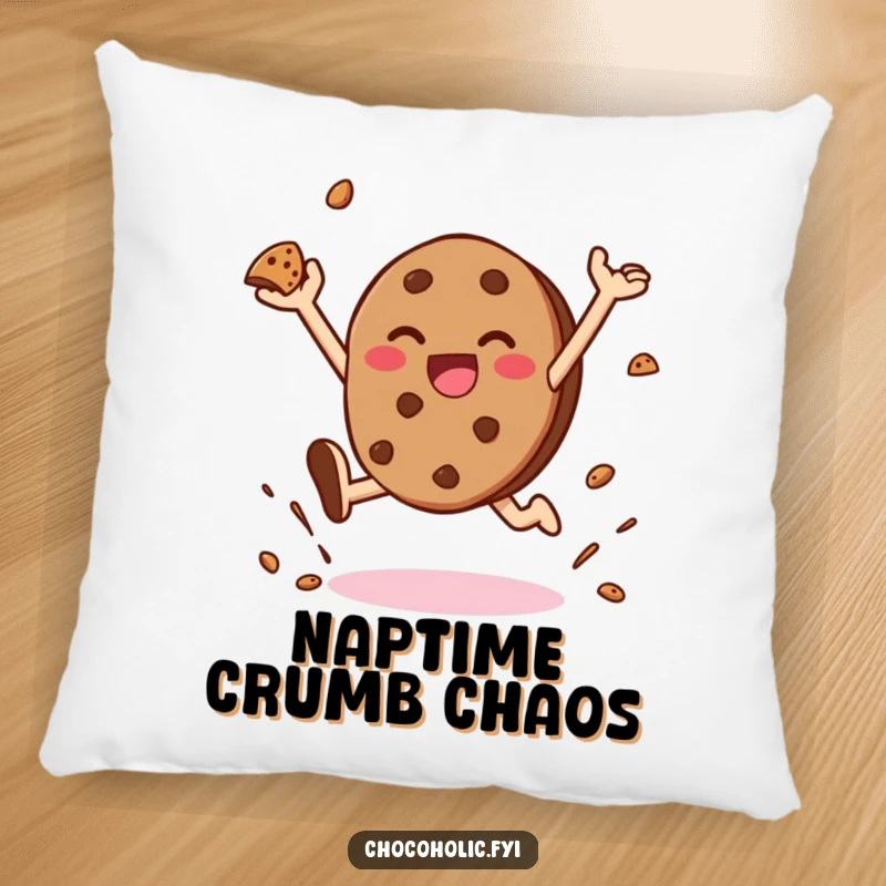 Funny pillow featuring a kawaii chocolate cookie character leaping with joy and throwing crumbs, offering soft comfort and cheer.