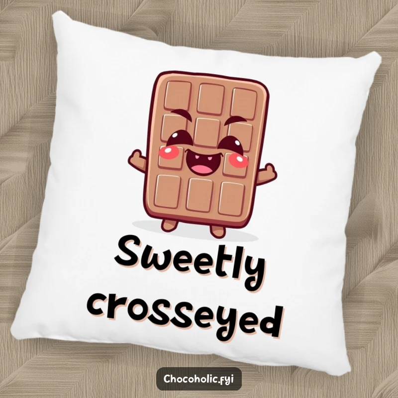 Funny pillow featuring a chocolate bar character with comically crossed eyes and a happy giggle, bringing humorous comfort.