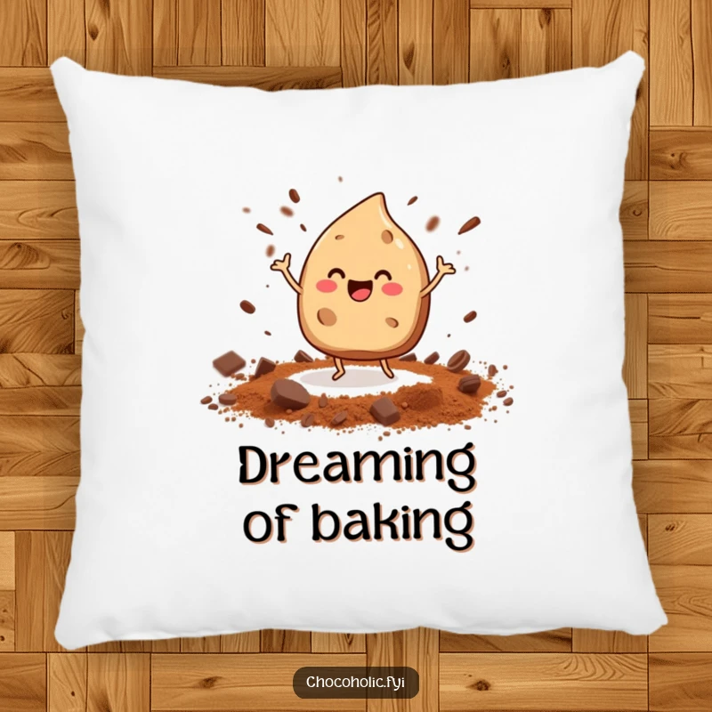 Funny dancing chocolate chip pillow with tiny legs and scattered cocoa powder, offering soft comfort.