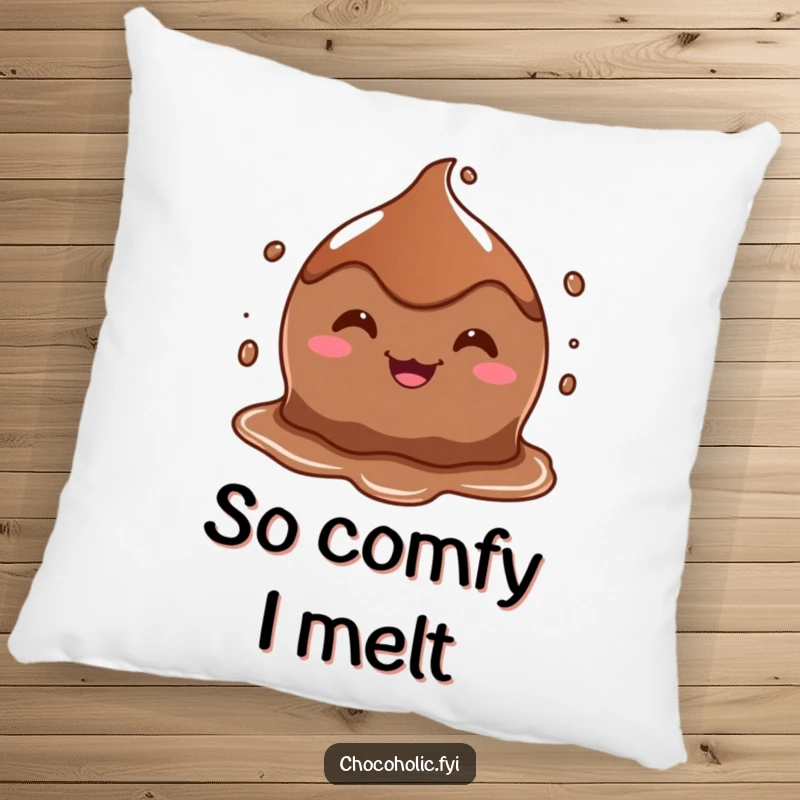 Funny pillow with a melting chocolate puddle character displaying a goofy grin, offering soft comfort and humor.