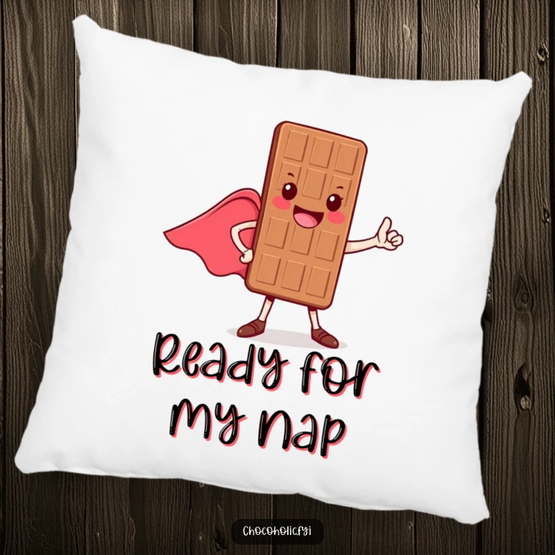 Funny pillow with a cheerful chocolate bar character in a heroic pose, cape flowing, perfect for cozy heroic lounging.