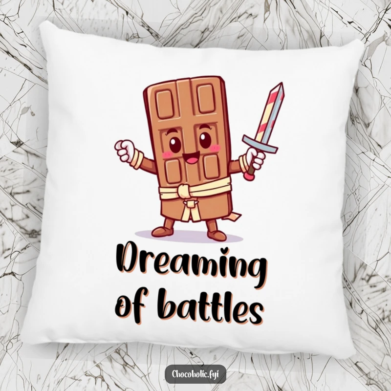 Funny Pillow: A heroic kawaii chocolate bar character holds a candy cane sword. A cute and humorous accent pillow for any warrior's rest.