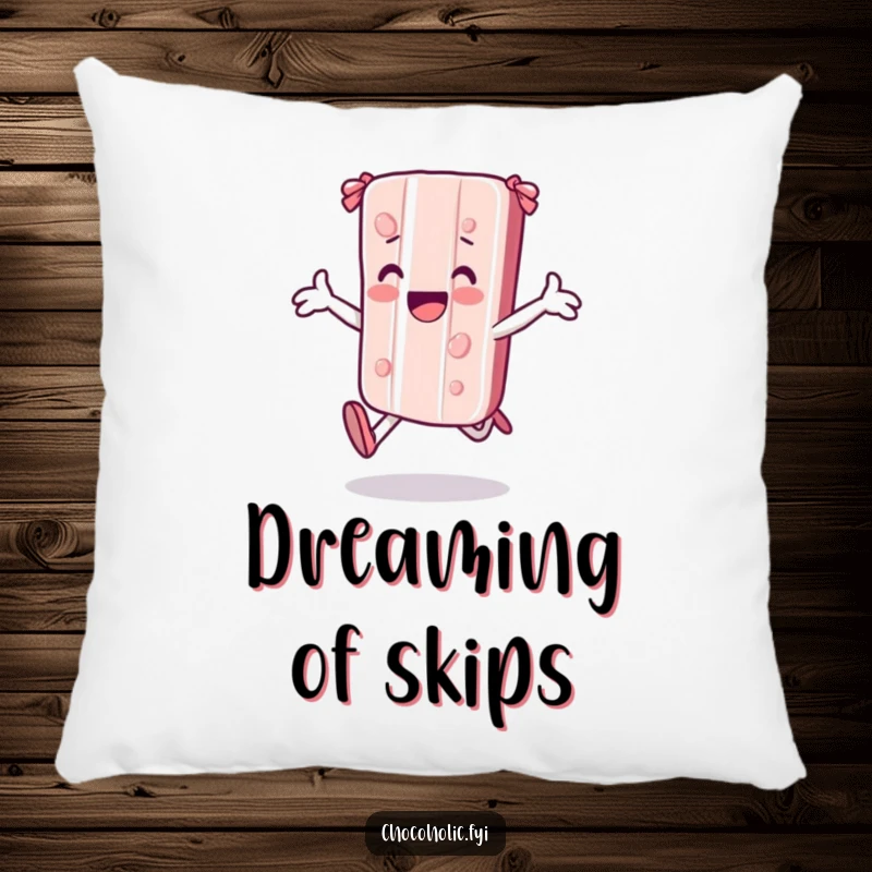 Funny kawaii candy bar character skipping joyfully with arms outstretched on a soft pillow, bringing comfort and cheerful energy.