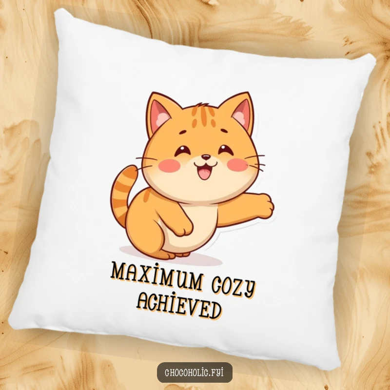 Funny Kawaii caramel character in a cat-like stretch, designed as a soft and cuddly pillow.