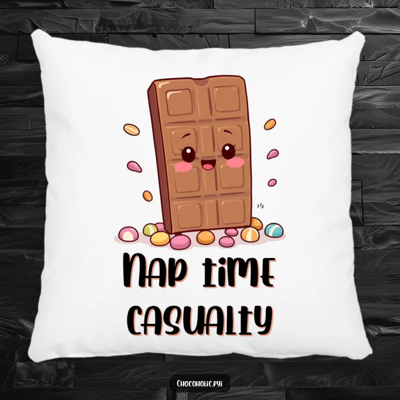 Funny Pillow: A kawaii chocolate bar character trips adorably, scattering candy. A cute and humorous accent pillow for any couch or bed.