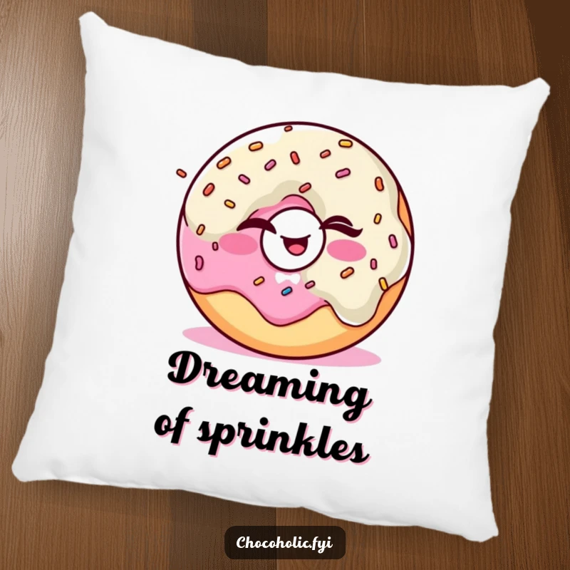 Funny Kawaii donut character winking and juggling sprinkles, designed as a soft and cuddly pillow.