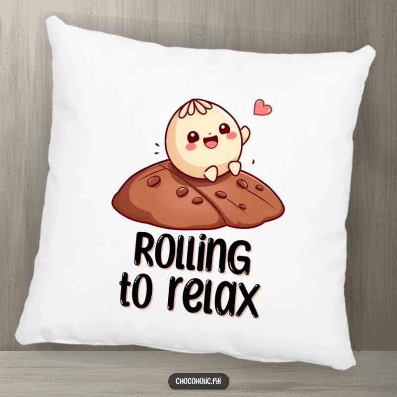 Funny Kawaii truffle character rolling down a chocolate hill, a soft and humorous pillow for comfort.