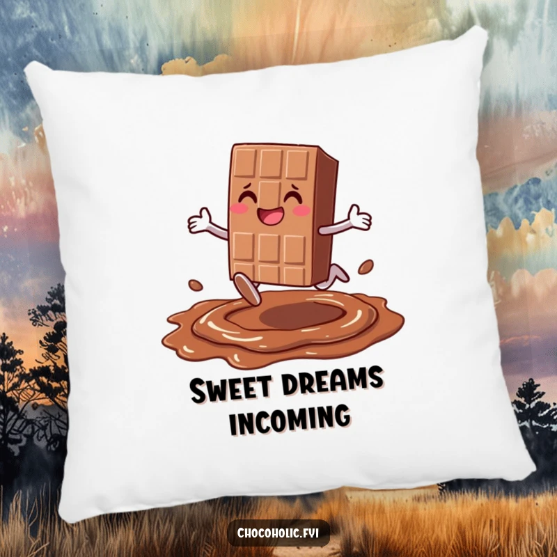 Funny smiling chocolate bar character with legs joyfully leaping over melted chocolate, designed on a comfortable pillow for cozy sweetness.