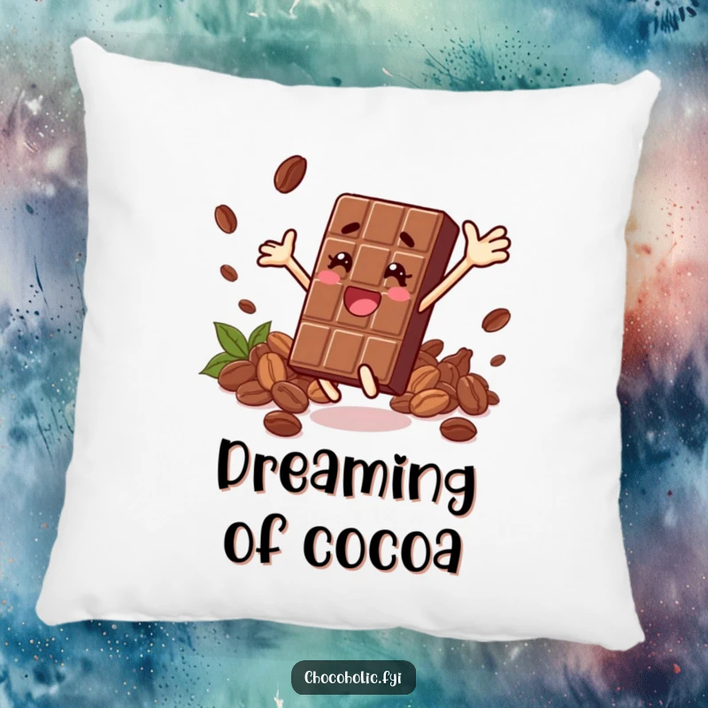 Funny pillow showcasing a chocolate bar character leaping with absolute joy, surrounded by cocoa beans, offering comfort and cheer.